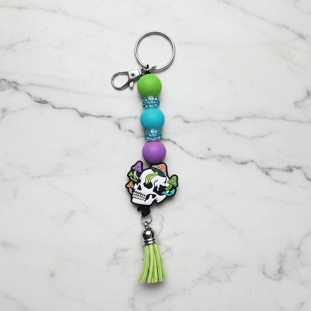 Skull Mushroom Beaded Keychain, Pen & Sticker Gift Set - Hempin Mayhem
