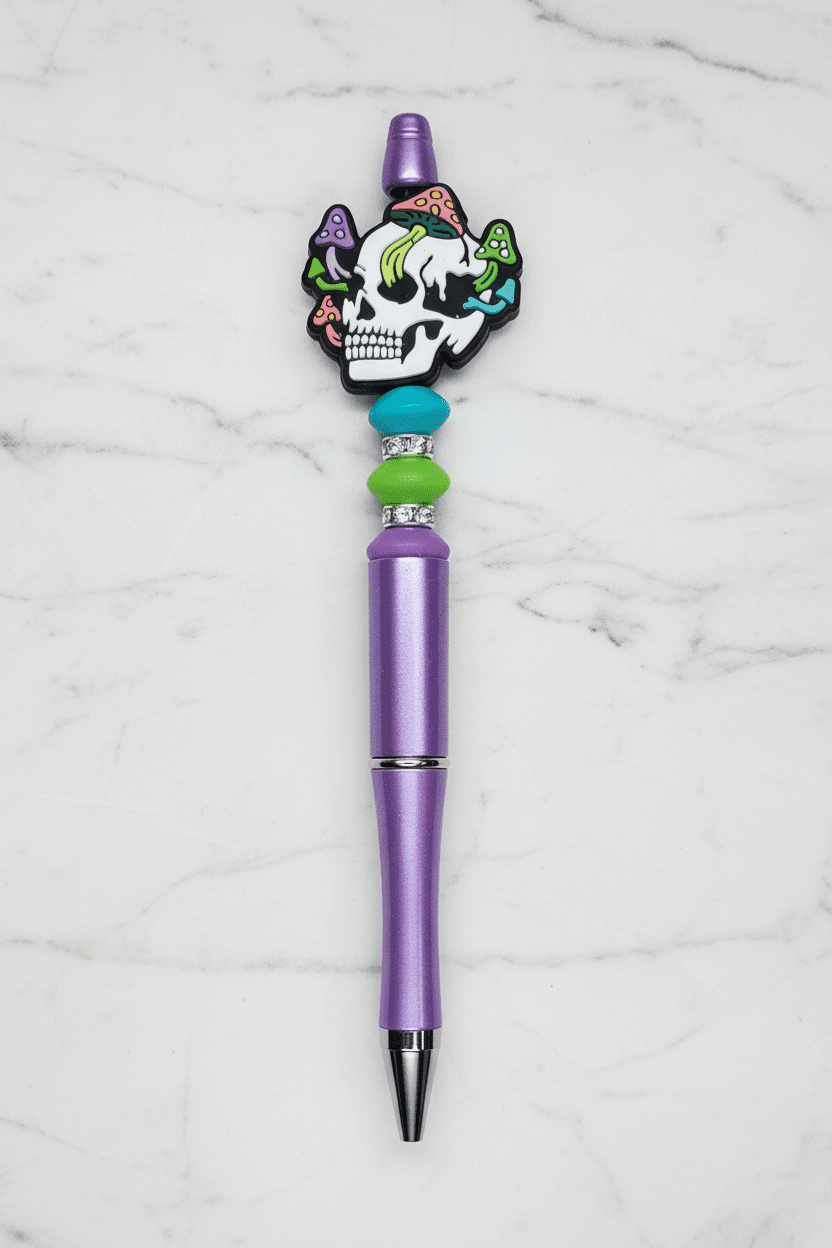 Skull Mushroom Beaded Keychain, Pen & Sticker Gift Set - Hempin Mayhem
