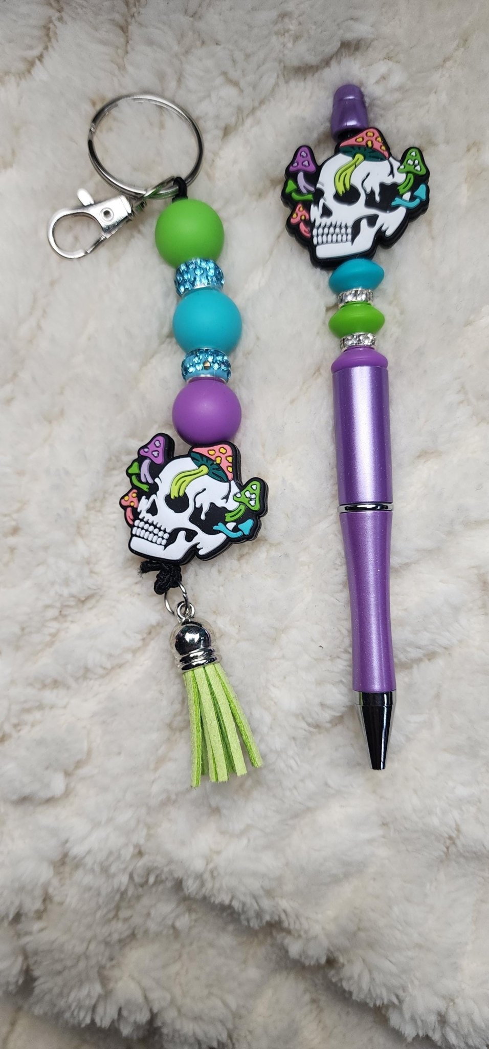 Skull Mushroom Beaded Keychain, Pen & Sticker Gift Set - Hempin Mayhem