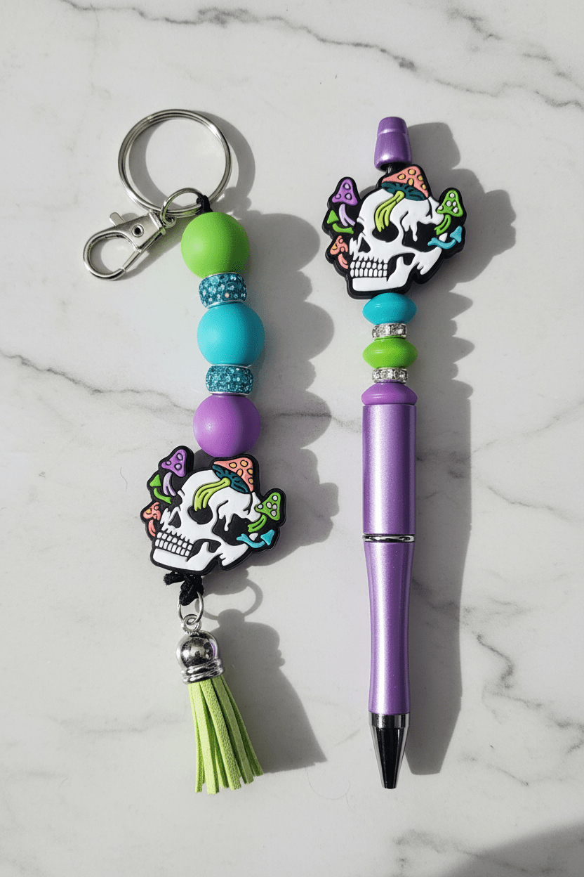 Skull Mushroom Beaded Keychain, Pen & Sticker Gift Set - Hempin Mayhem