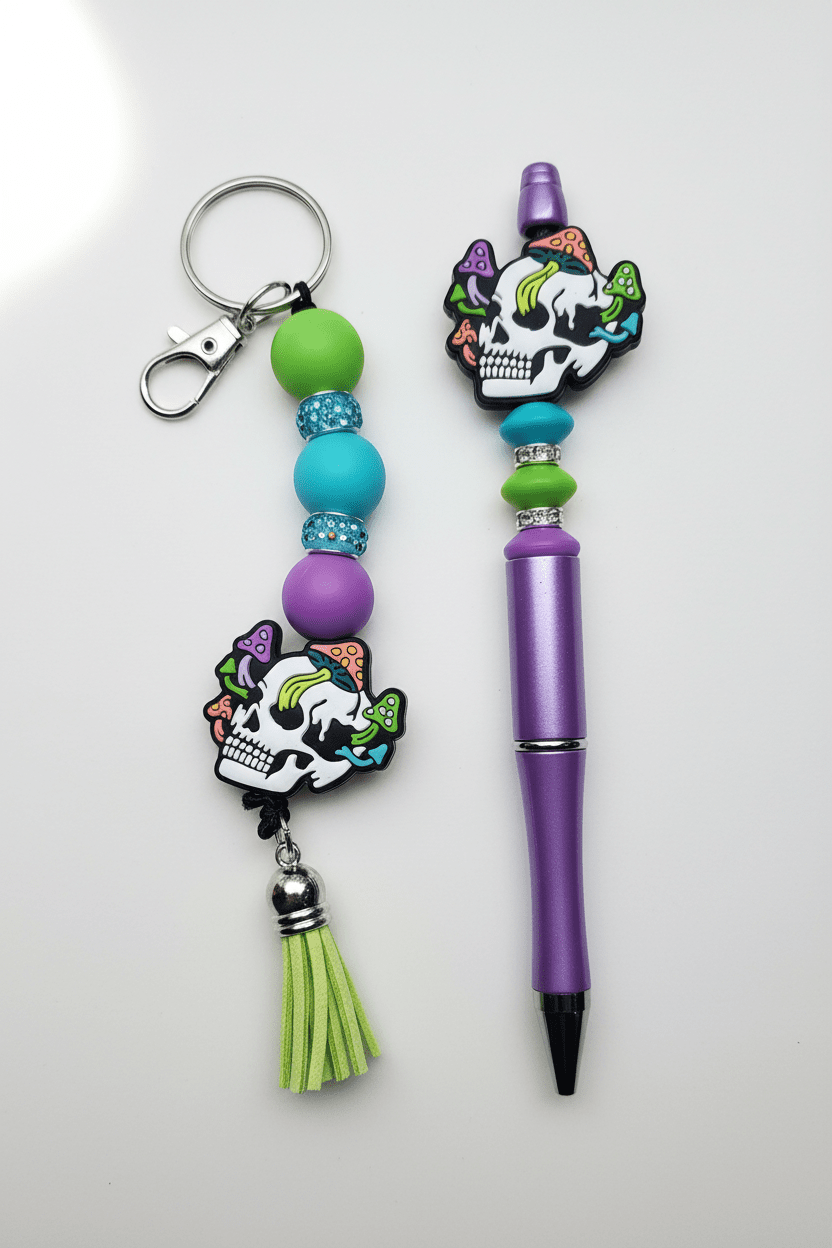 Skull Mushroom Beaded Keychain, Pen & Sticker Gift Set - Hempin Mayhem