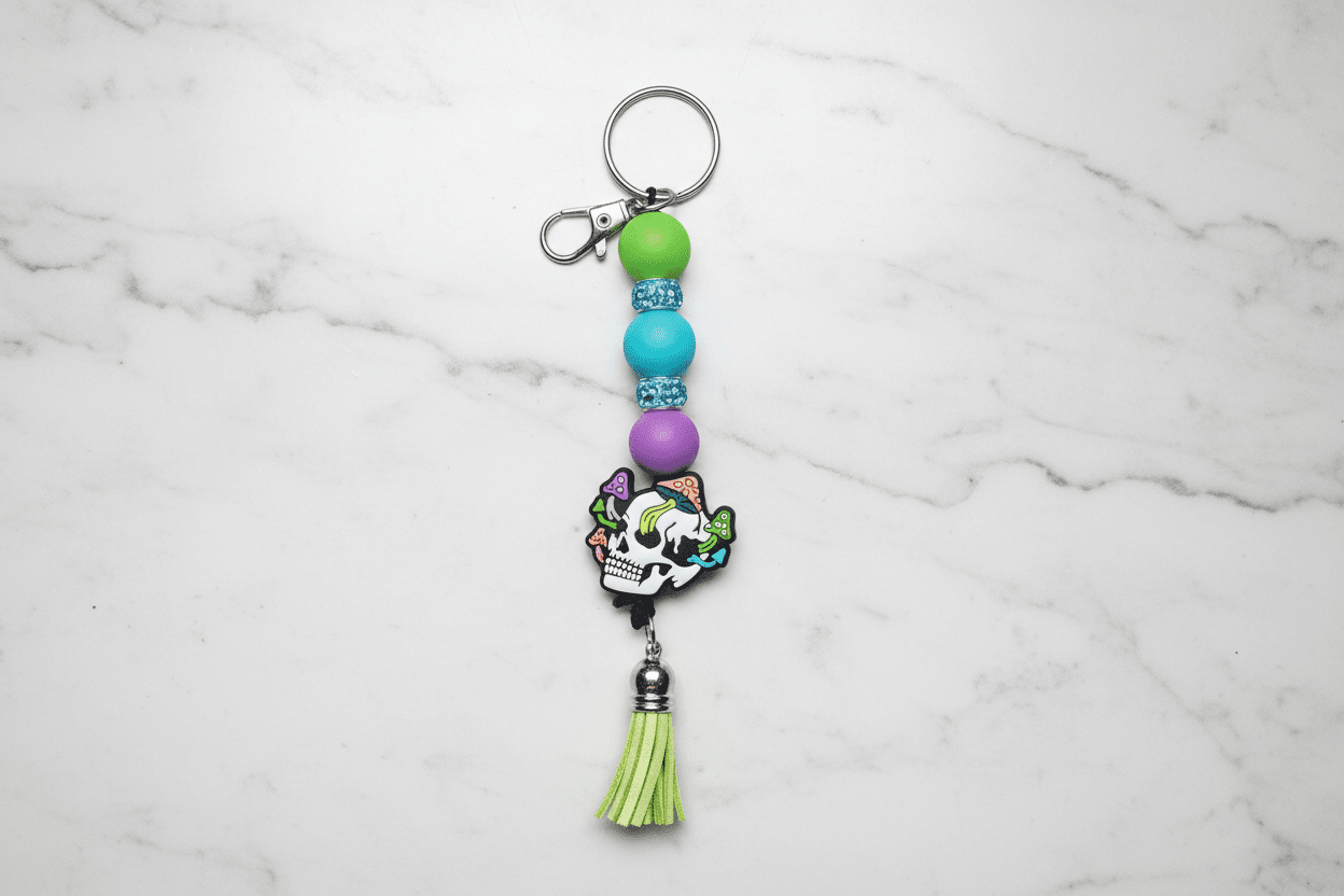 Skull Mushroom Beaded Keychain, Pen & Sticker Gift Set - Hempin Mayhem