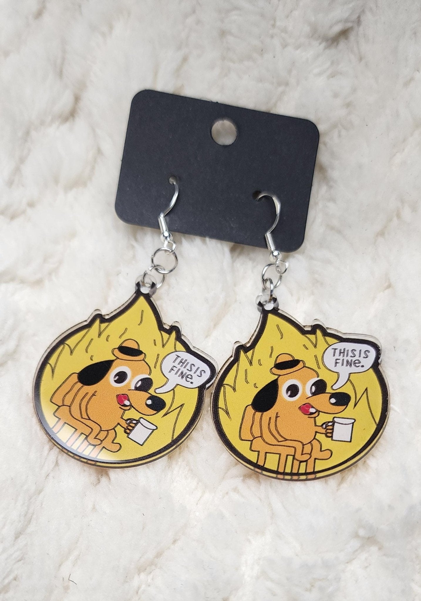 This Is Fine Dangle Earrings | Funny Meme Earrings | Dumpster Fire Gift | Sassy Accessory | Quirky Statement Jewelry - Hempin Mayhem