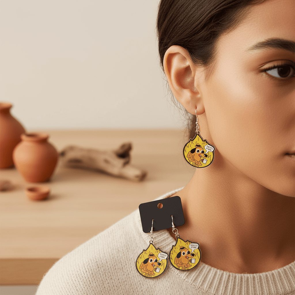 This Is Fine Dangle Earrings | Funny Meme Earrings | Dumpster Fire Gift | Sassy Accessory | Quirky Statement Jewelry - Hempin Mayhem