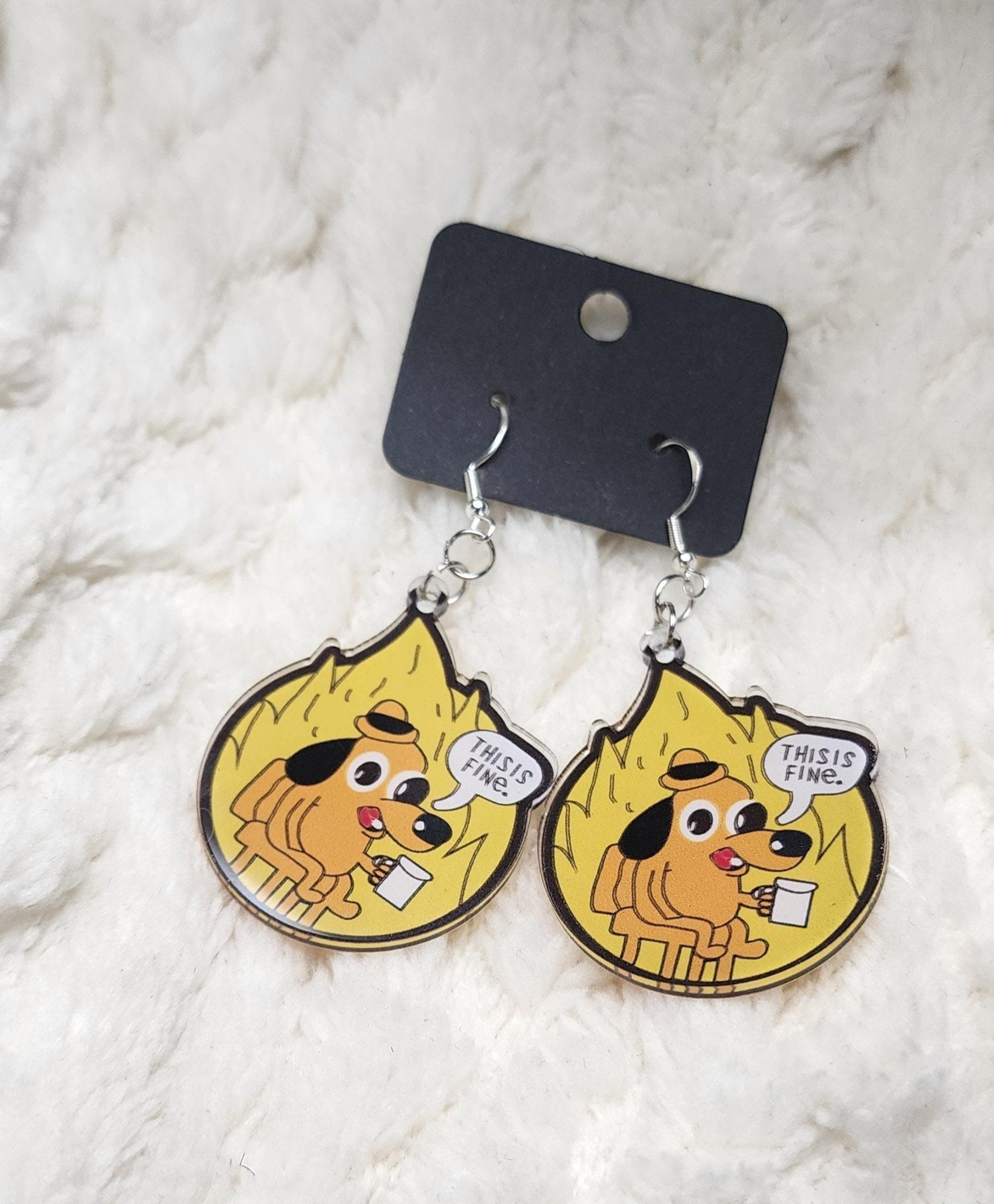 This Is Fine Dangle Earrings | Funny Meme Earrings | Dumpster Fire Gift | Sassy Accessory | Quirky Statement Jewelry - Hempin Mayhem
