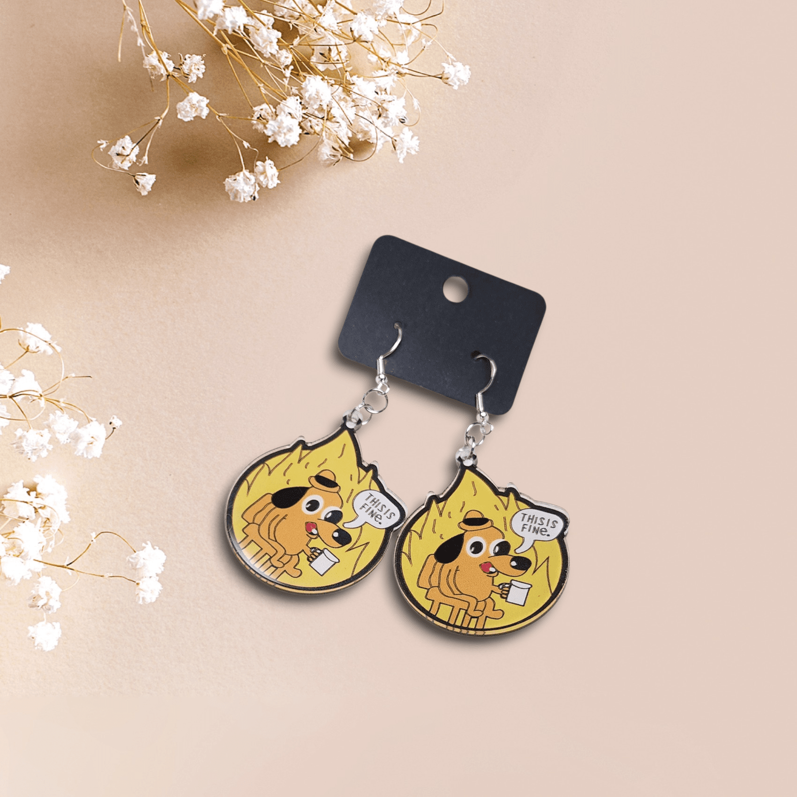 This Is Fine Dangle Earrings | Funny Meme Earrings | Dumpster Fire Gift | Sassy Accessory | Quirky Statement Jewelry - Hempin Mayhem