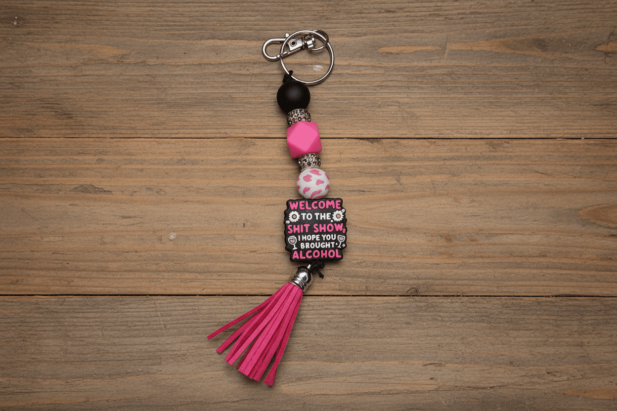 Welcome to the Sh*tshow Beaded Keychain | Pink, Black & White Funny Keyring | Sarcastic Bag Charm | Alcohol Lovers Gift - Hempin Mayhem