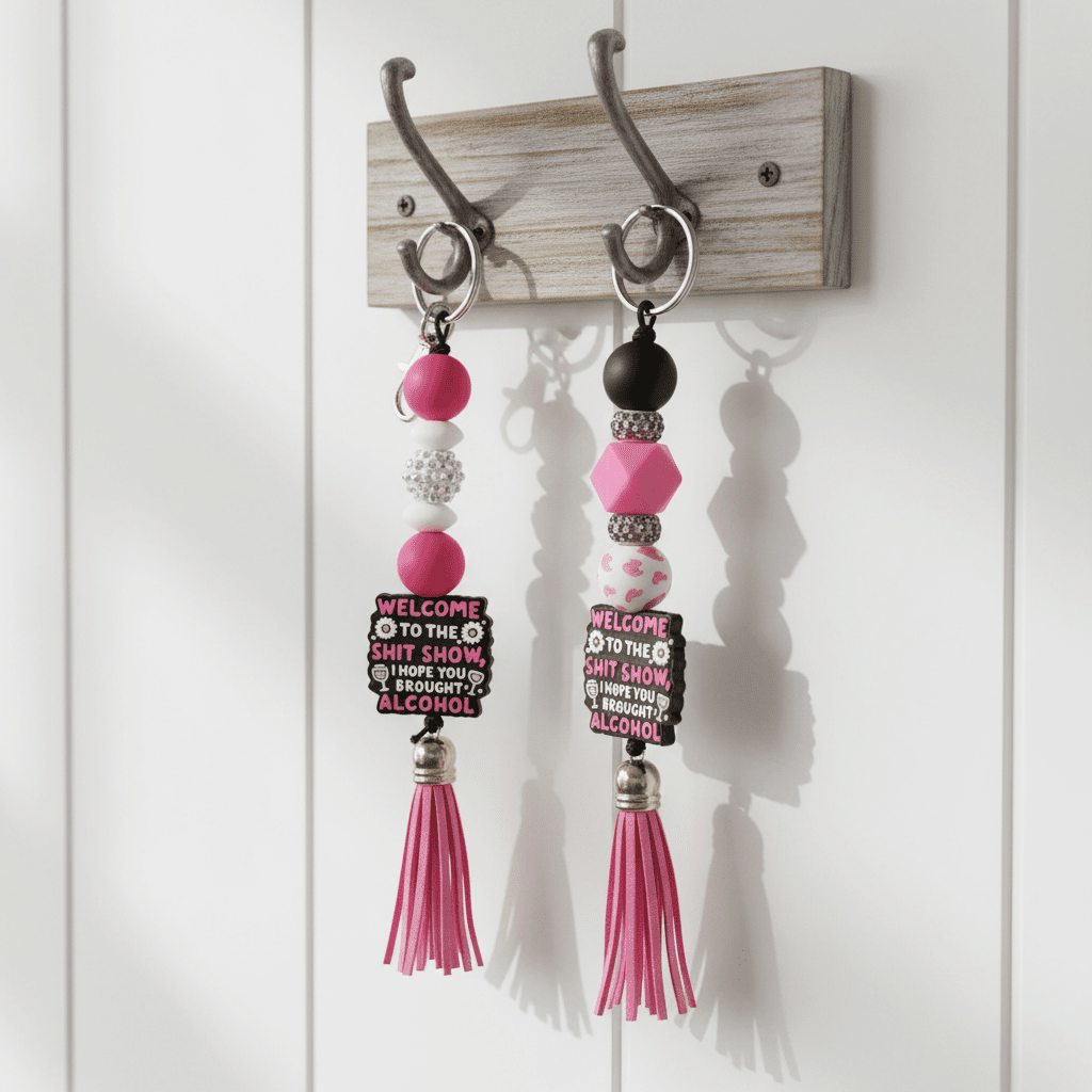 Welcome to the Sh*tshow Beaded Keychain | Pink, Black & White Funny Keyring | Sarcastic Bag Charm | Alcohol Lovers Gift - Hempin Mayhem