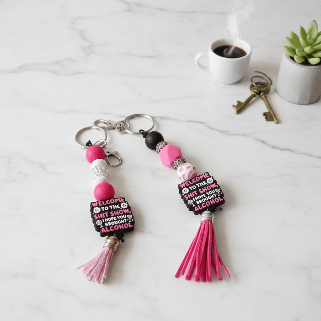 Welcome to the Sh*tshow Beaded Keychain | Pink, Black & White Funny Keyring | Sarcastic Bag Charm | Alcohol Lovers Gift - Hempin Mayhem