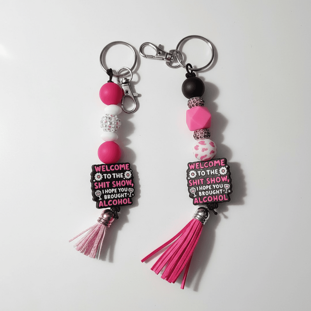 Welcome to the Sh*tshow Beaded Keychain | Pink, Black & White Funny Keyring | Sarcastic Bag Charm | Alcohol Lovers Gift - Hempin Mayhem