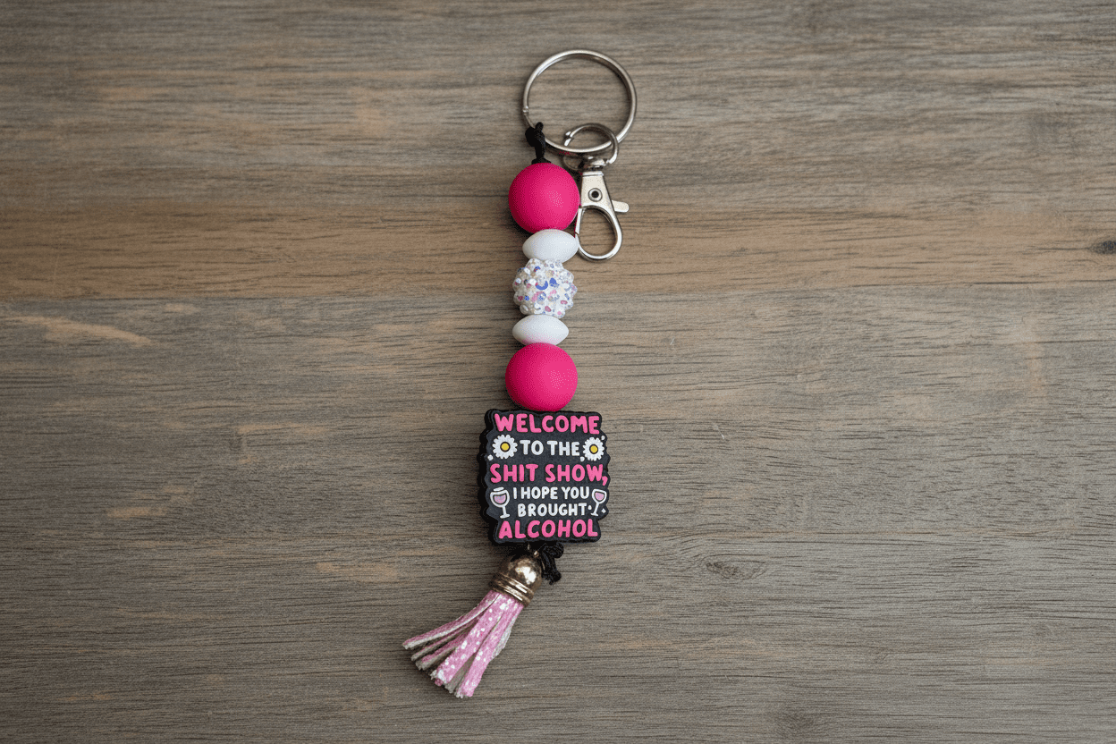 Welcome to the Sh*tshow Beaded Keychain | Pink, Black & White Funny Keyring | Sarcastic Bag Charm | Alcohol Lovers Gift - Hempin Mayhem