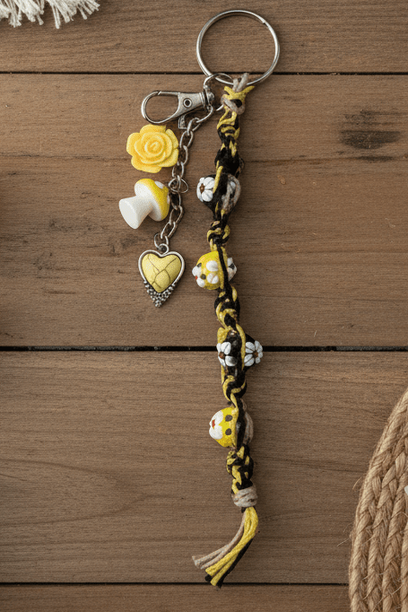 Yellow and White Hemp Keychain with Flower Beads and Mushrooms - Hempin Mayhem