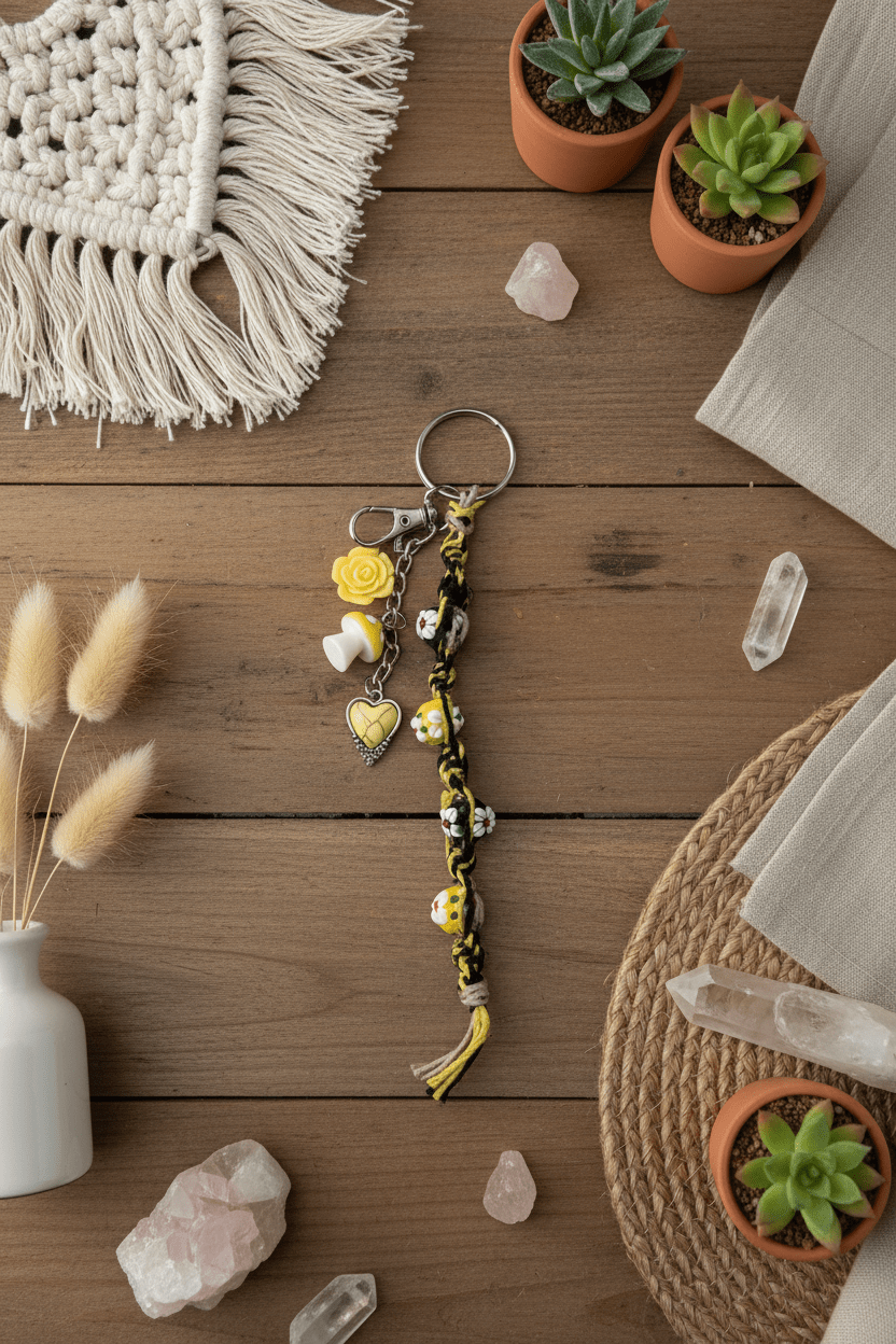 Yellow and White Hemp Keychain with Flower Beads and Mushrooms - Hempin Mayhem