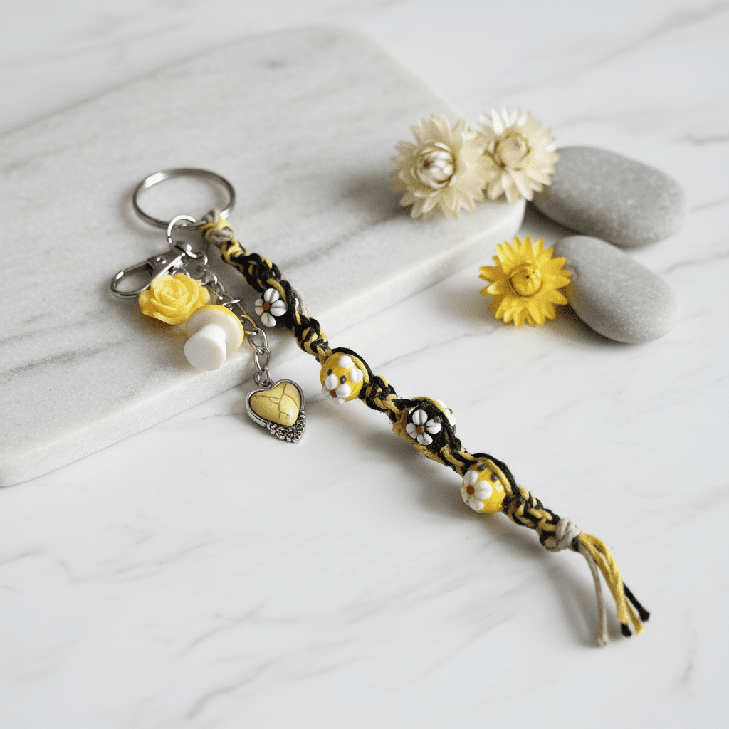 Yellow and White Hemp Keychain with Flower Beads and Mushrooms - Hempin Mayhem