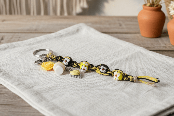Yellow and White Hemp Keychain with Flower Beads and Mushrooms - Hempin Mayhem