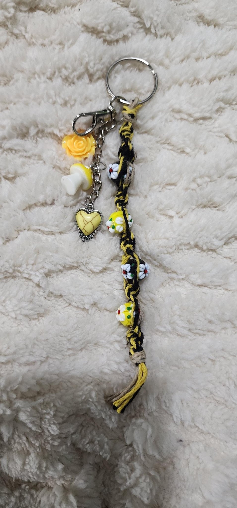 Yellow and White Hemp Keychain with Flower Beads and Mushrooms - Hempin Mayhem