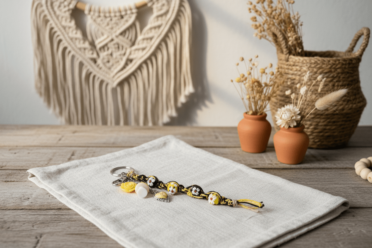 Yellow and White Hemp Keychain with Flower Beads and Mushrooms - Hempin Mayhem